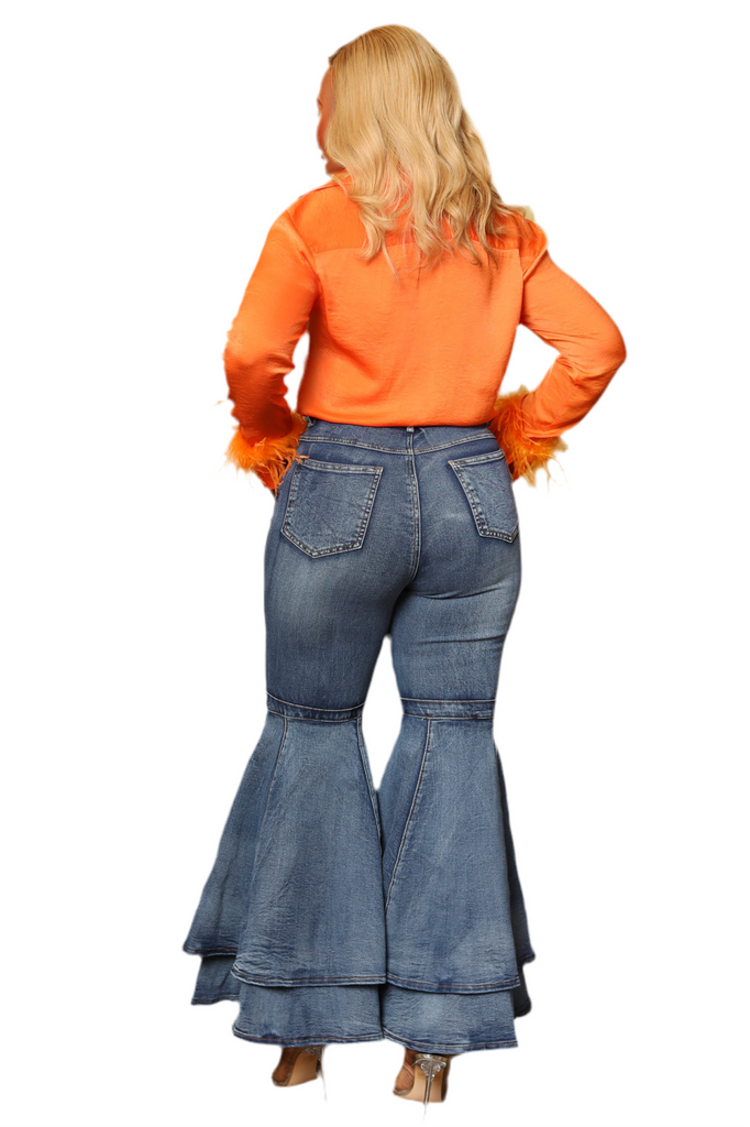 Retro Revival:  High-Waisted, Layered Denim Bell Bottom Jeans