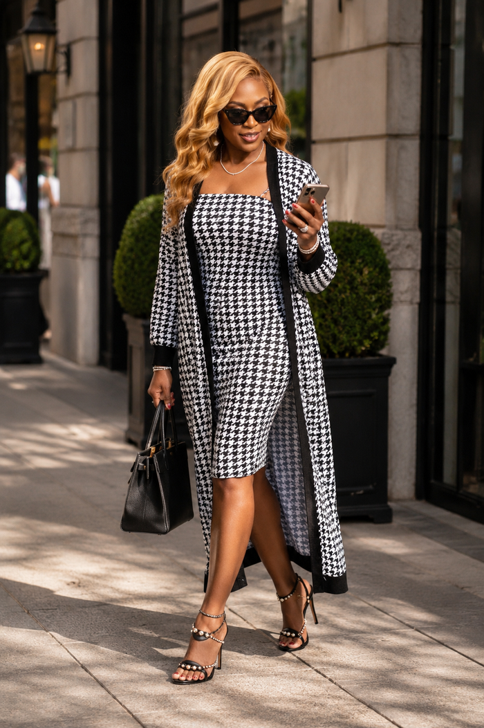 Houndstooth Dress & Cardigan Set