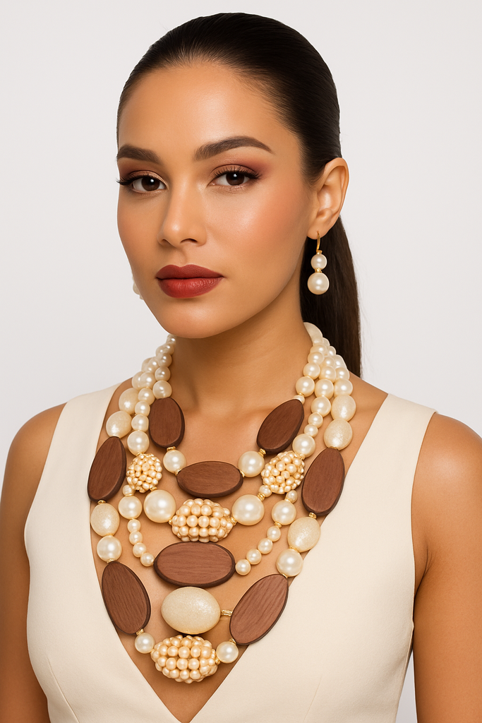 The Abbey- Wood and Stone Layered  Necklace Set