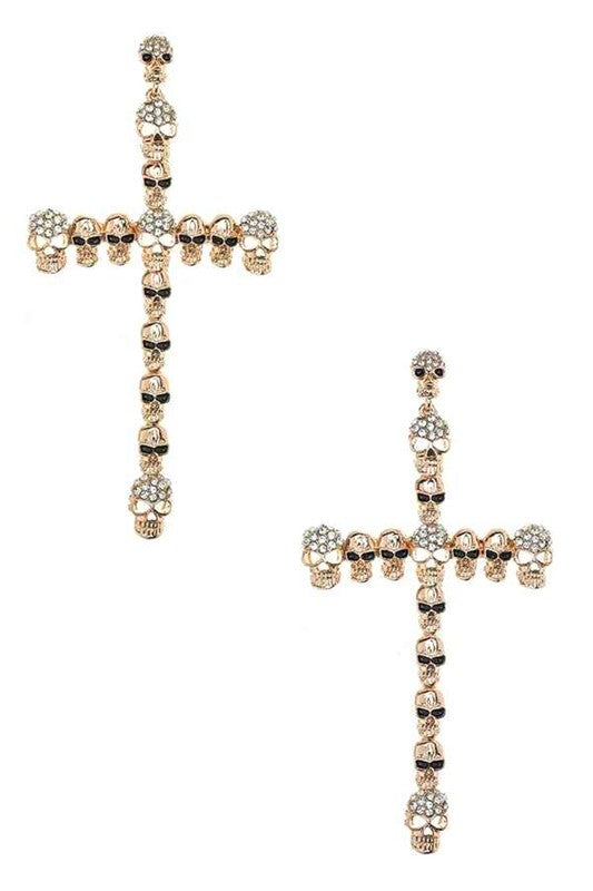 Crystal Skull Large Cross Drop Earrings