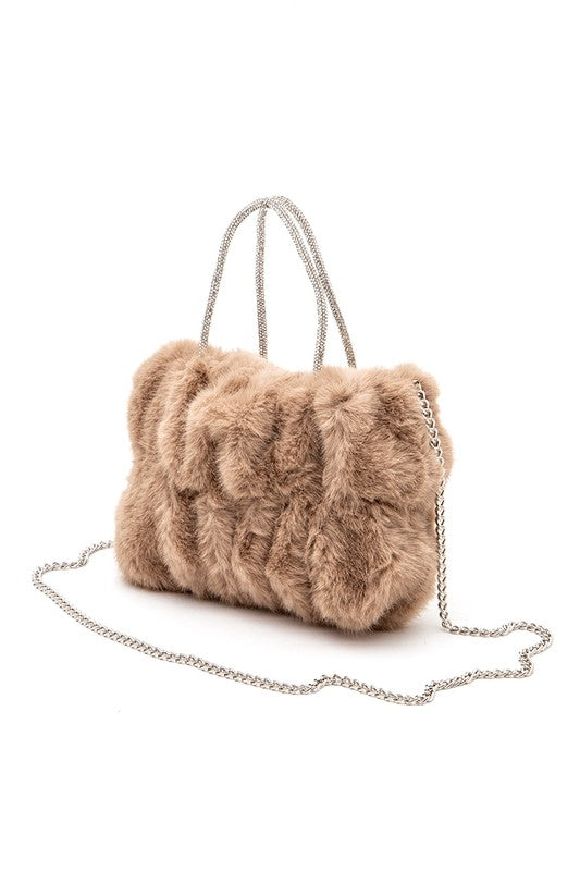 FurBaby- Rhinestone Top Handle Faux Fur Tote Bag