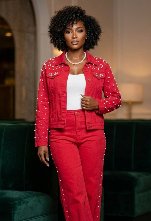 Pearls for the Girls- Red Denim Jacket with Pearl Accents