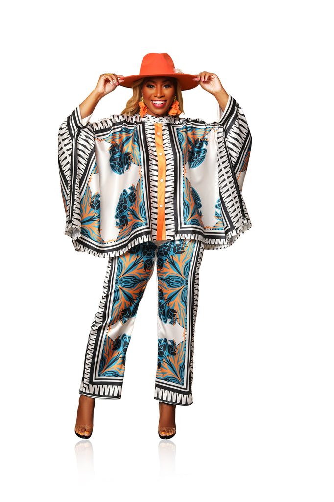 Statement Maker- Satin Poncho Pant Set