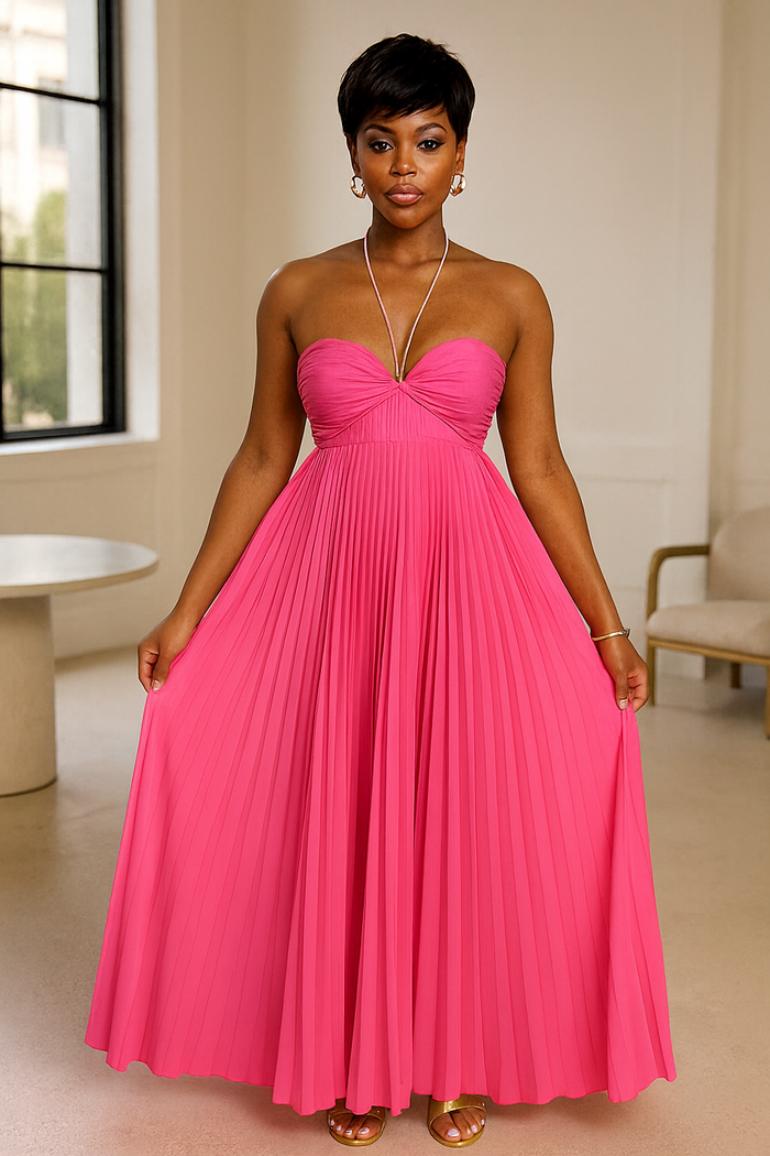 Class Act- Hot Pink Pleated Maxi Dress
