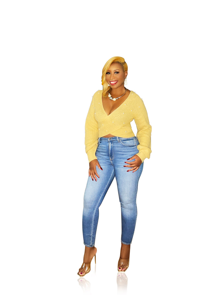 Easy Elegance- Mustard Color Sweater with Pearl Accents