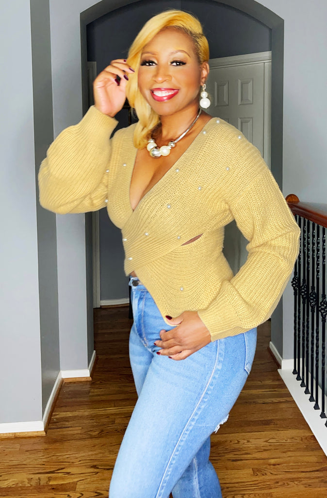 Easy Elegance- Mustard Color Sweater with Pearl Accents
