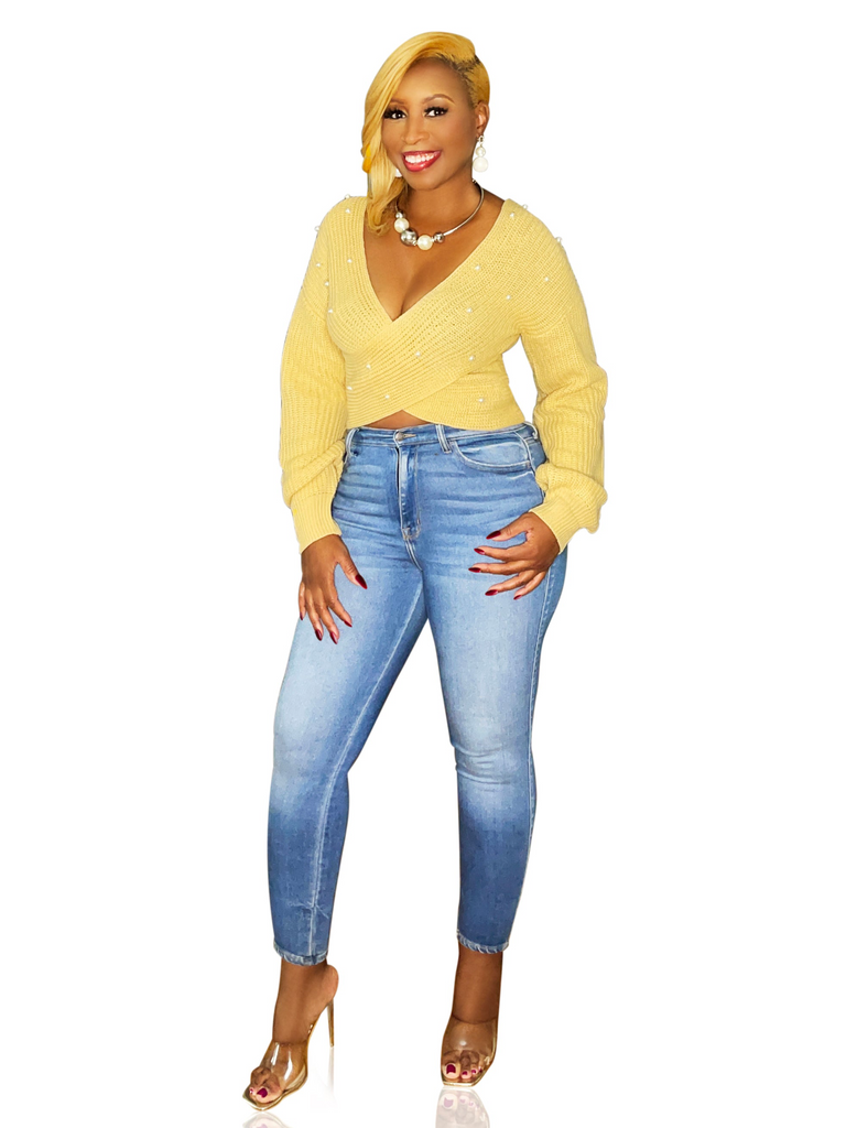 Easy Elegance- Mustard Color Sweater with Pearl Accents