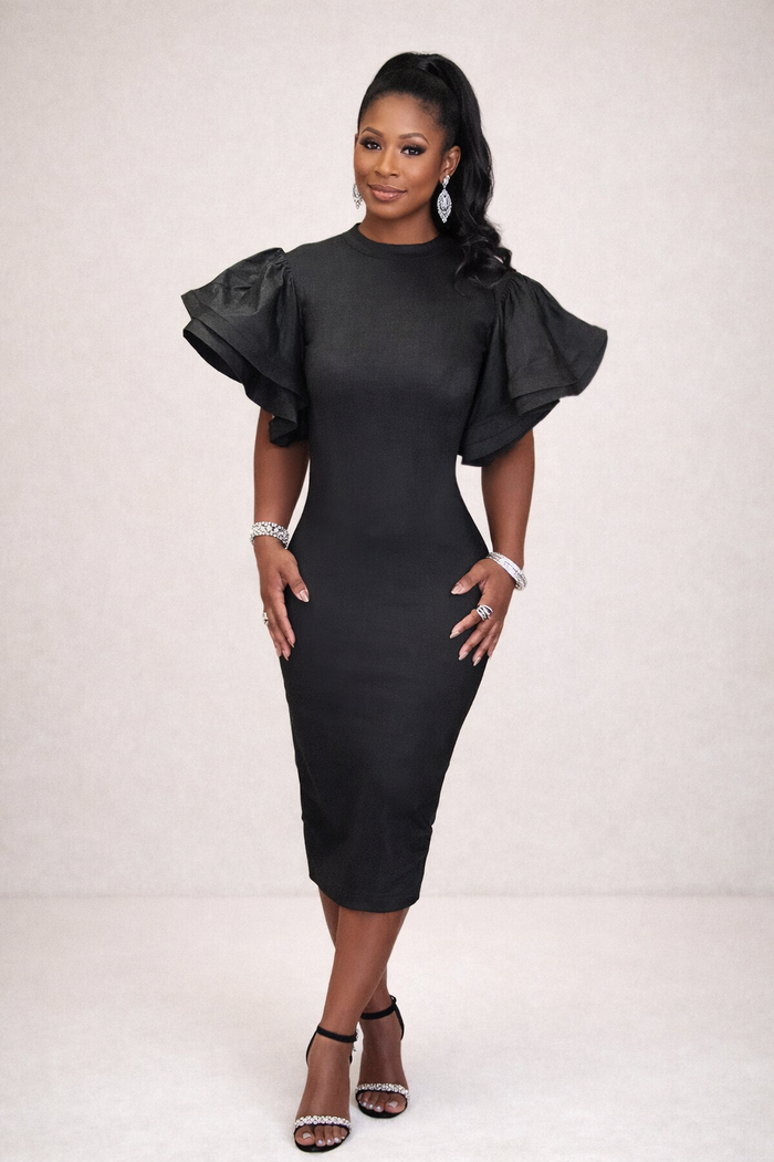 Casually Cute-Black Denim Dress with Ruffled Sleeves