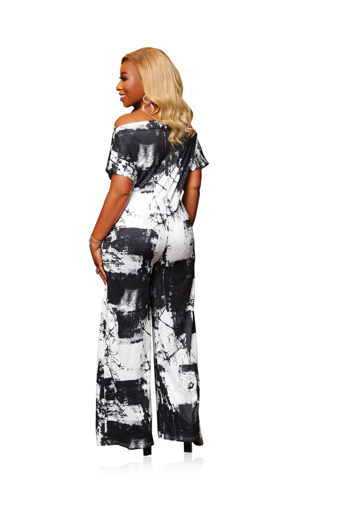 Just Style- Off Shoulder Black & White Jumpsuit