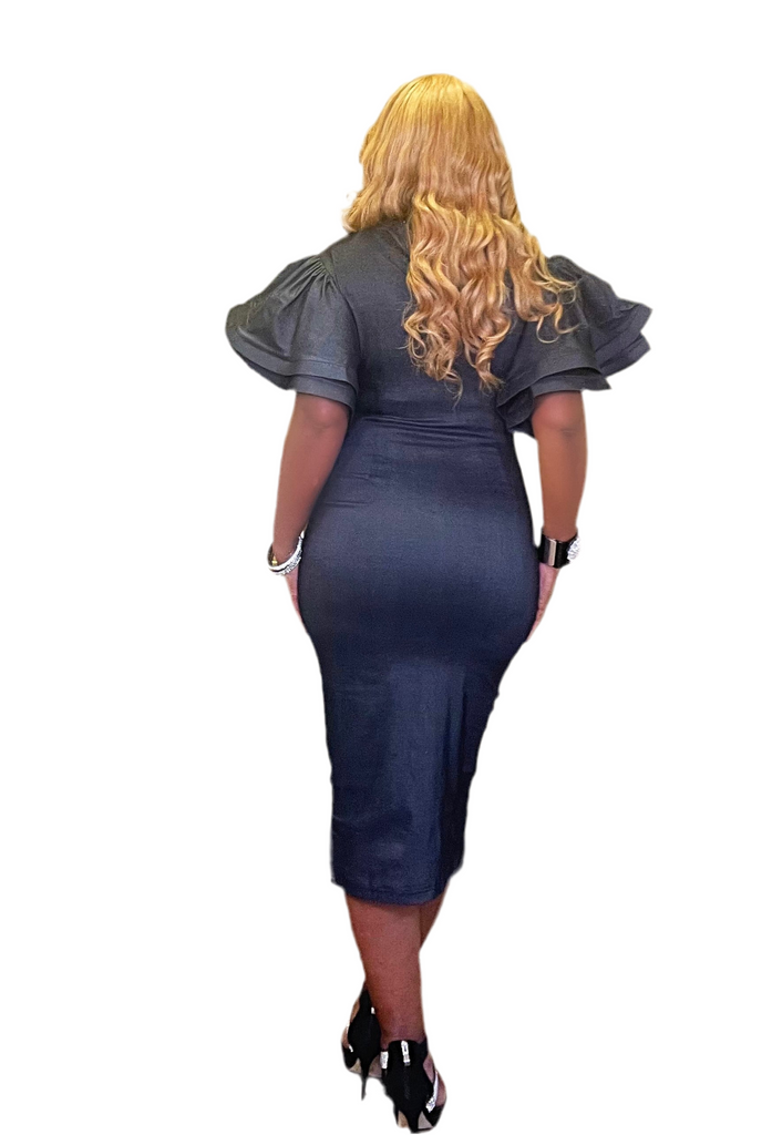 Casually Cute-Black Denim Dress with Ruffled Sleeves