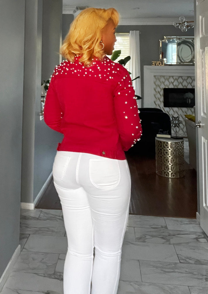 Pearls for the Girls- Red Denim Jacket with Pearl Accents