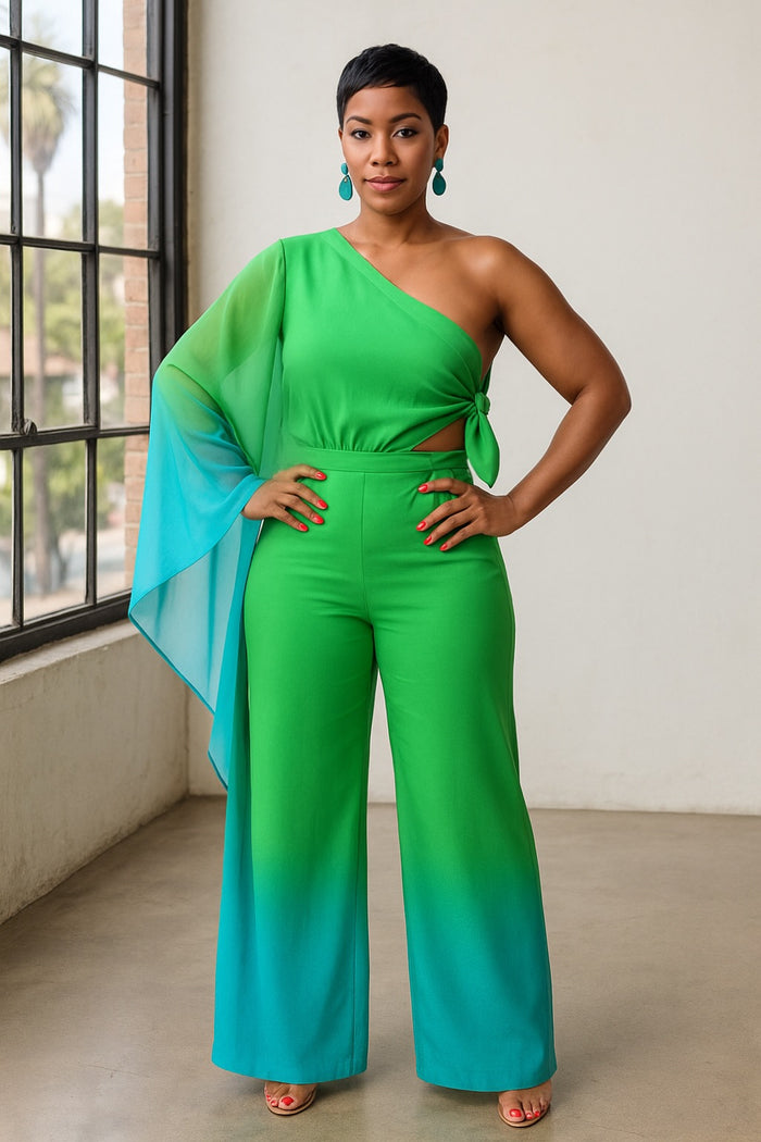 Going Places- Green Toned One Shoulder Jumpsuit