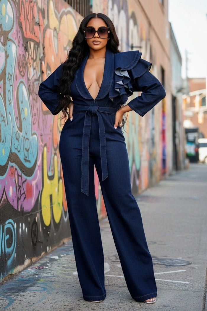 Instyle- Denim Ruffle Shoulder Jumpsuit- Reg Size