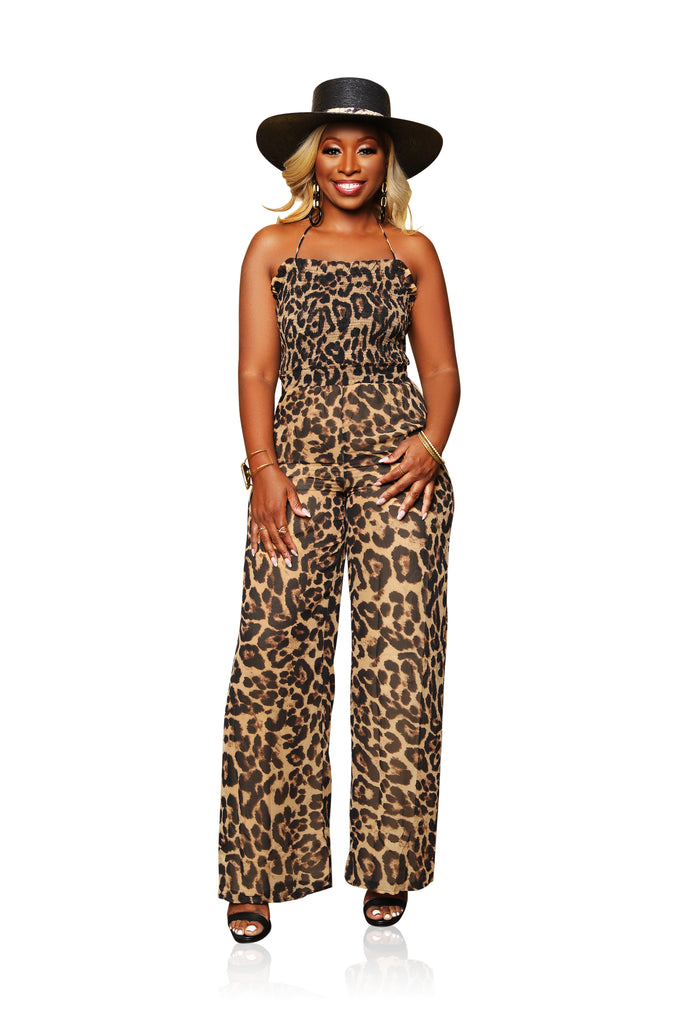 Let Loose- Leopard Wideleg Backless Jumpsuit