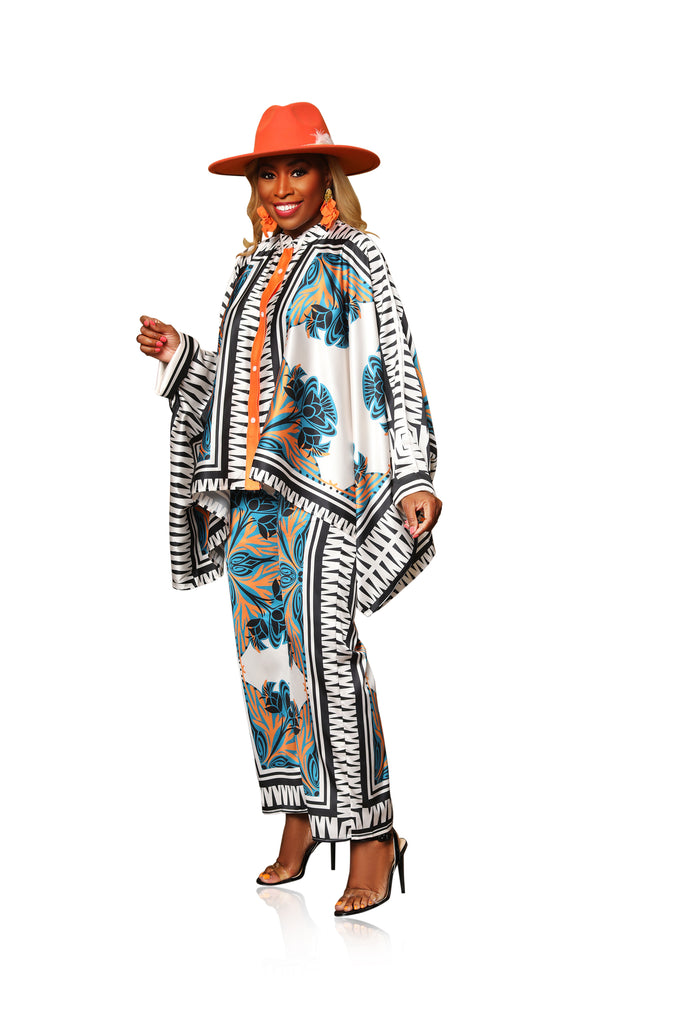 Statement Maker- Satin Poncho Pant Set