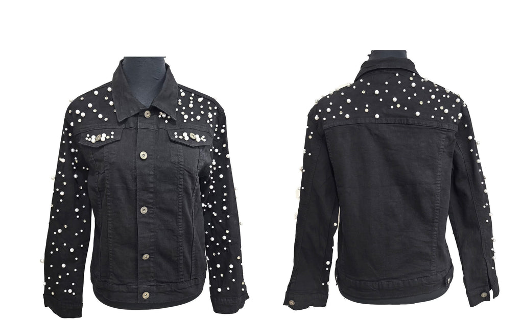 Medium wash denim jacket with pearl accents on front and sleeves, combining classic style with trendy, elegant details.