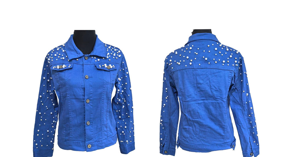 Medium wash denim jacket with pearl accents on front and sleeves, combining classic style with trendy, elegant details.