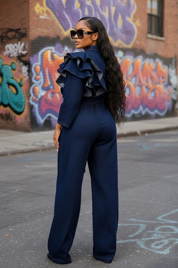 Instyle- Denim Ruffle Shoulder Jumpsuit Plus Size