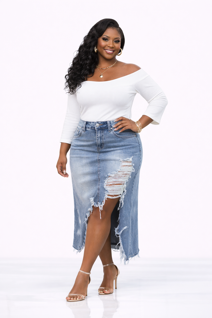 Your Call- Denim Asymmetrical Distressed Skirt