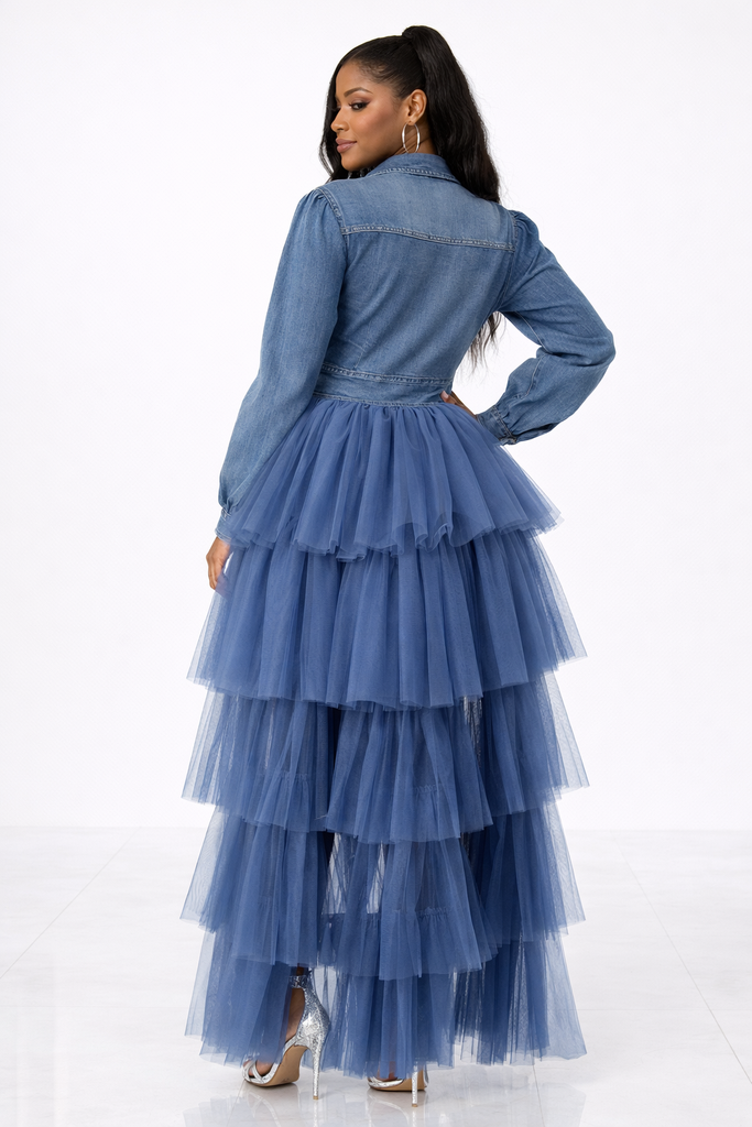 Too Too Cute- Denim Tulle Layered High-Low Dress