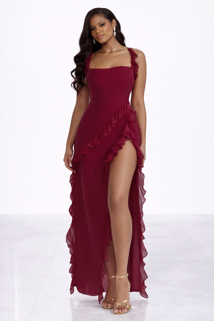 Stepping Out- Ruffle Bodycon Maxi Dress