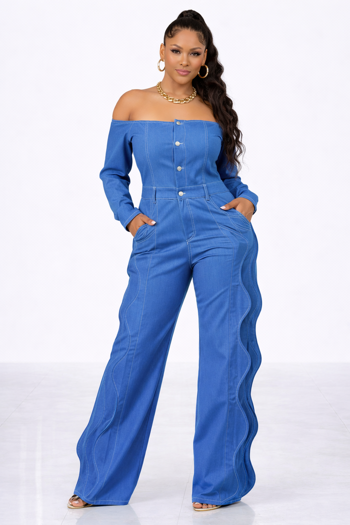 Run it Up- Denim Wave Detail Jumpsuit