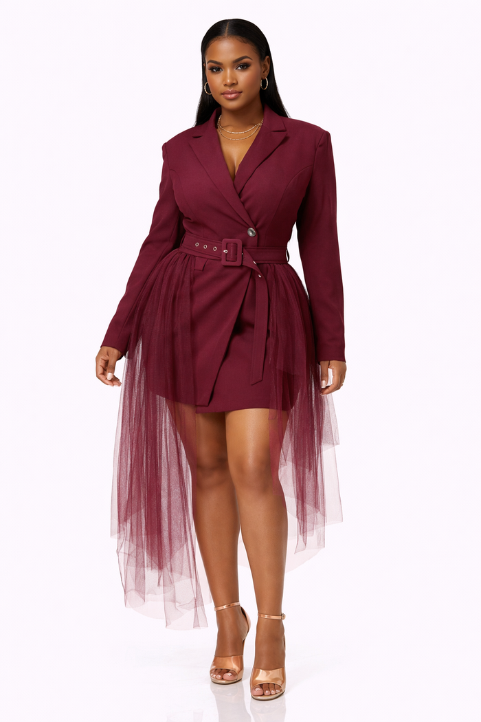 Going Out- Tulle Overlay Belted Blazer Dress