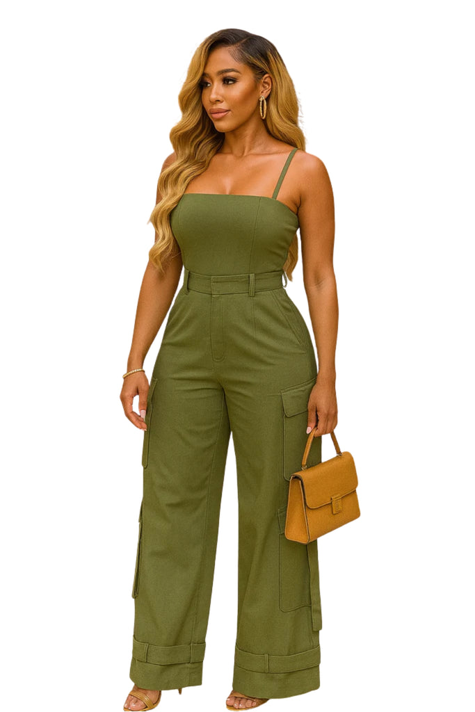 Command Attention - Olive Green Cargo Jumpsuit Command Attention - Olive Green Cargo Jumpsuit