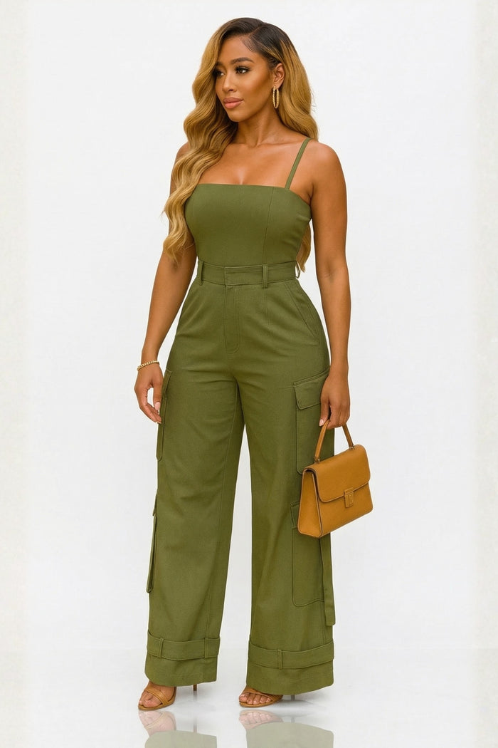 Command Attention - Olive Green Cargo Jumpsuit