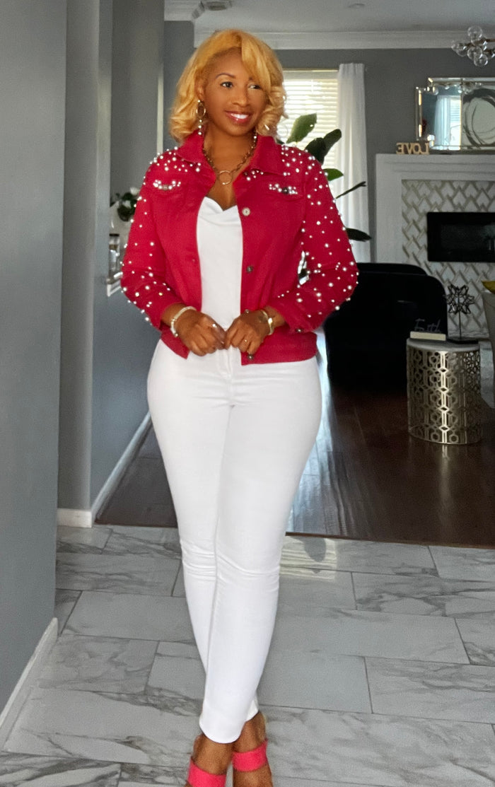 Pearls for the Girls- Red Denim Jacket with Pearl Accents