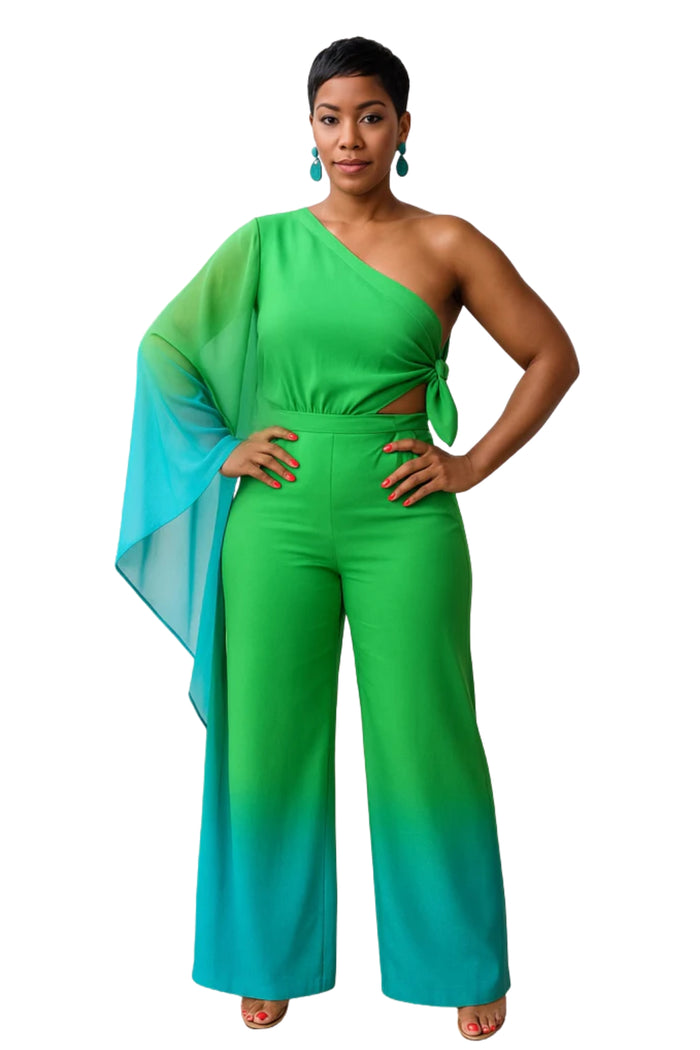 Going Places- Green Toned One Shoulder Jumpsuit