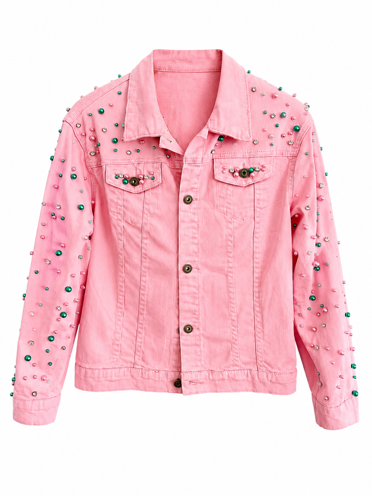 All Style- Pink Denim Jacket with Pearls