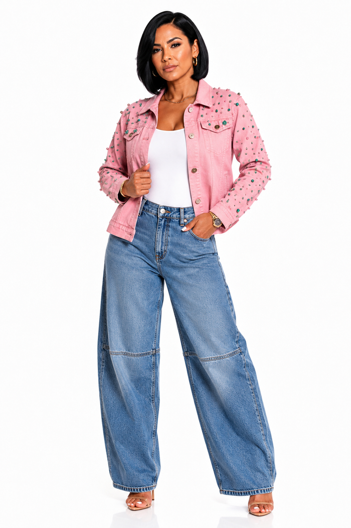 All Style- Pink Denim Jacket with Pearls