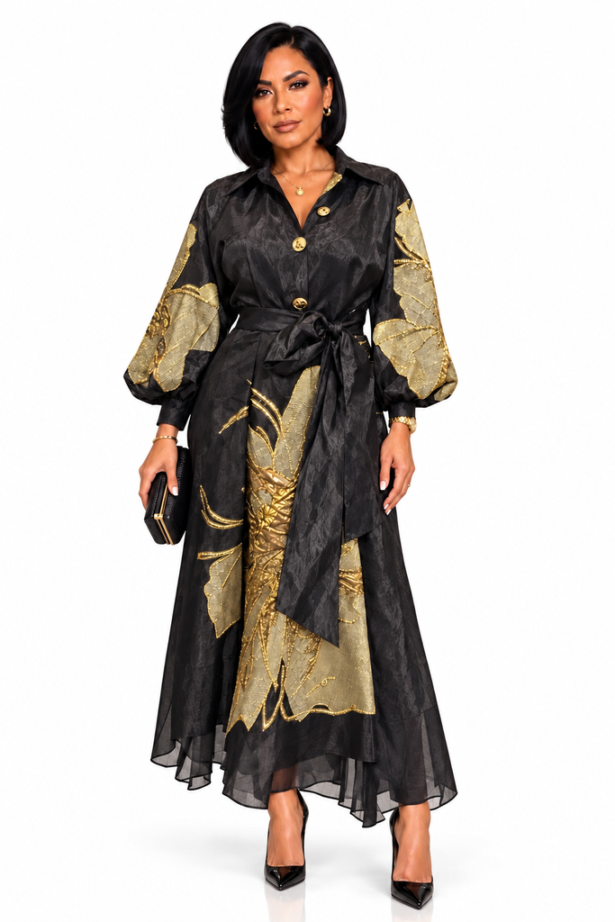 The Heiress Black & Gold Maxi Dress
