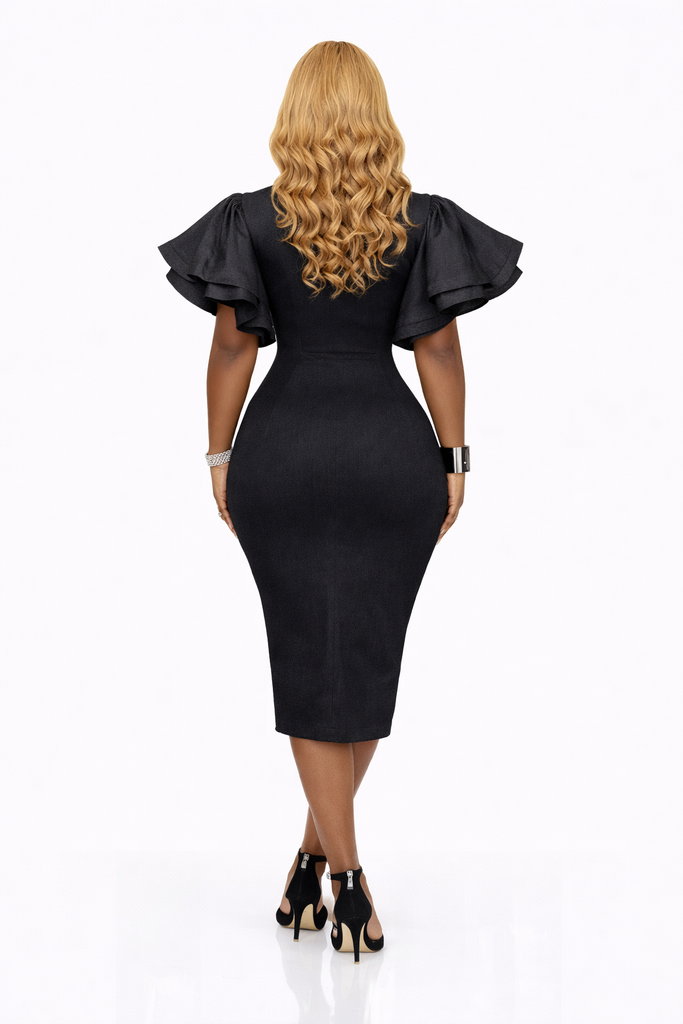 Casually Cute-Black Denim Dress with Ruffled Sleeves
