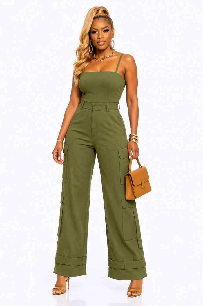 Command Attention - Olive Green Cargo Jumpsuit