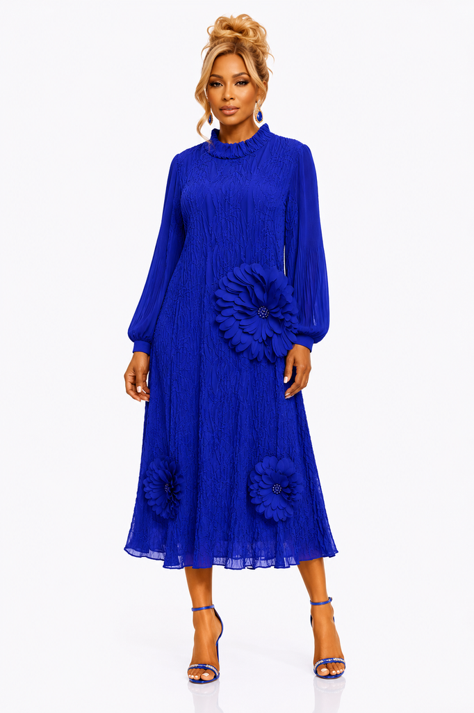 Ms.Lady- Blue Fashion Dress with Flower Details – Luxe Clothing Boutique & Accessories