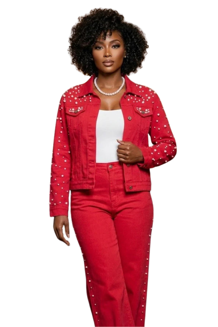 Pearls for the Girls- Red Denim Jacket with Pearl Accents
