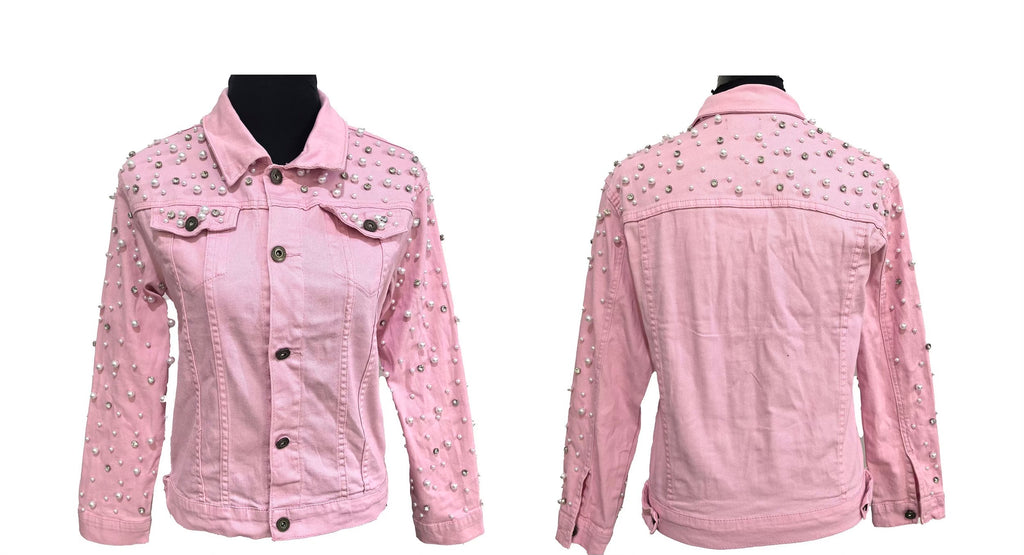 Medium wash denim jacket with pearl accents on front and sleeves, combining classic style with trendy, elegant details.