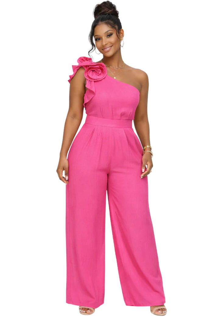Pretty In Pink- Ruffled One Shoulder Jumpsuit