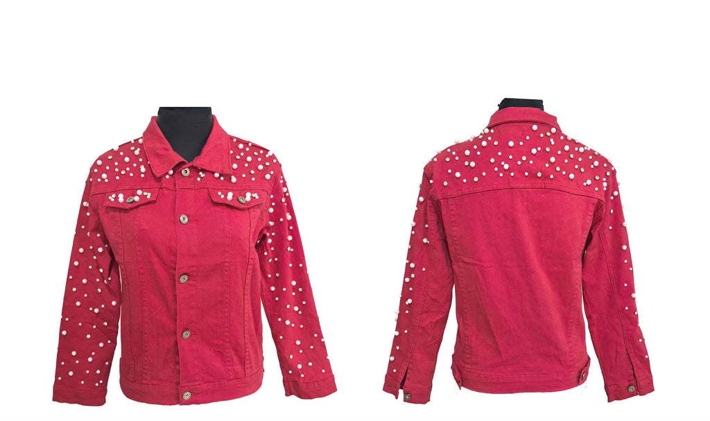 Medium wash denim jacket with pearl accents on front and sleeves, combining classic style with trendy, elegant details.