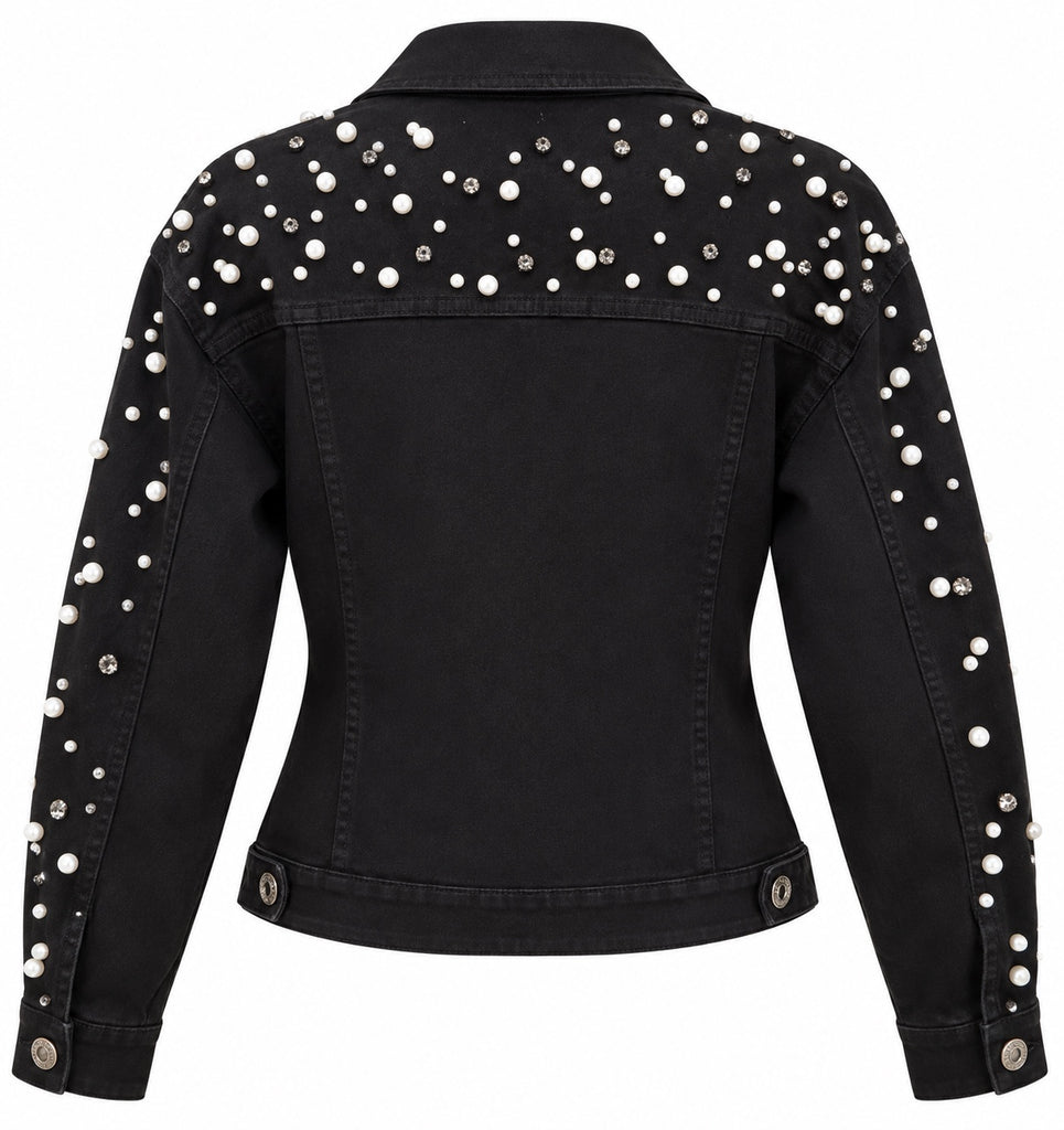Back of black jacket with pearl and rhinestone embellishments across shoulders and sleeves