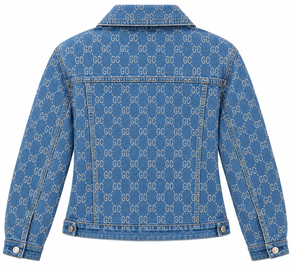 Back of blue denim jacket with allover dotted letter motif