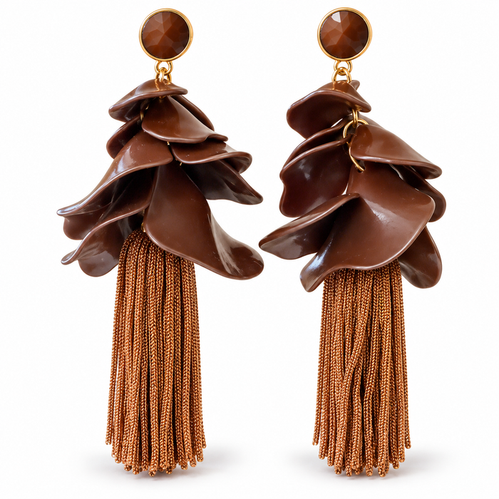 Chocolate Bloom brown layered petal statement earrings with bronze-tone chain tassels