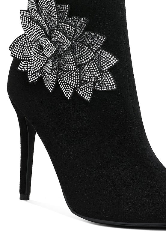 Glamour Walk- Ankle Bootie with Bling Petal Side Accent
