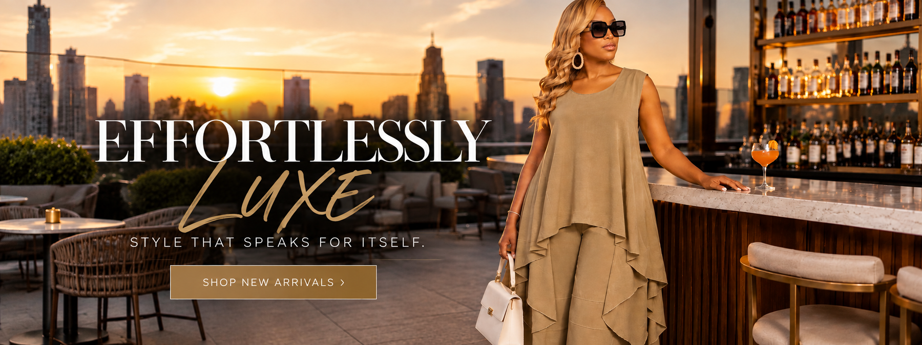Effortlessly Luxe homepage banner featuring City Scene tan pant set