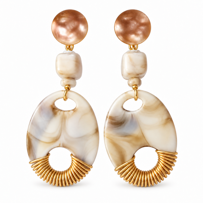 Marbled Elegance cream and taupe statement earrings with gold-tone details for pierced ears