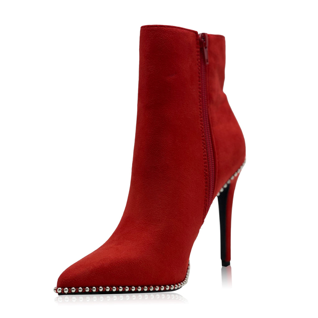 Super chic, bright red booties, faux suede material with a point toe design with stylishly adorned silver