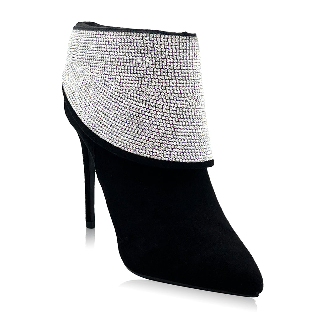 Black suede ankle booties with fold over bling details.