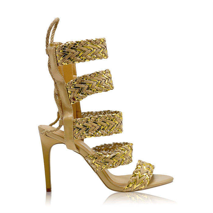 Braided tan and gold design with an elastic back design